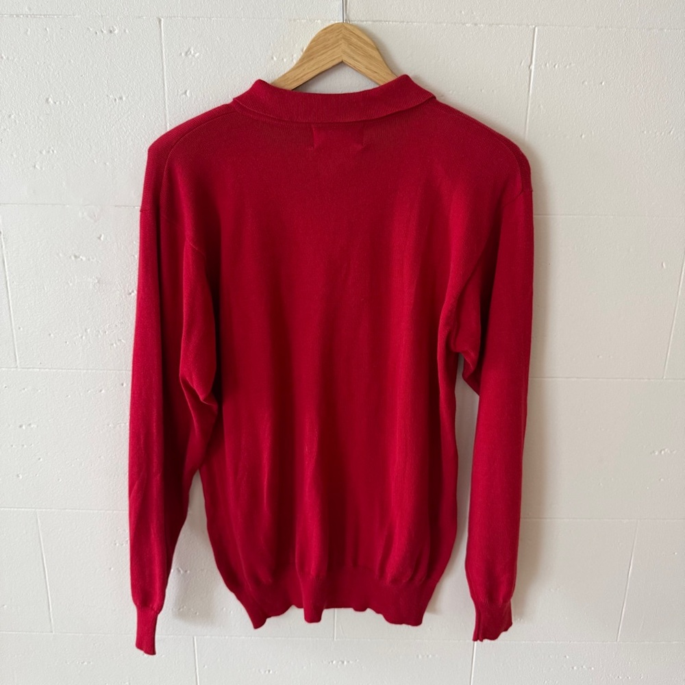 Vintage 90s | Red Cotton Collared Sweater | Gold Button Classic | Size Medium - Picture 8 of 9
